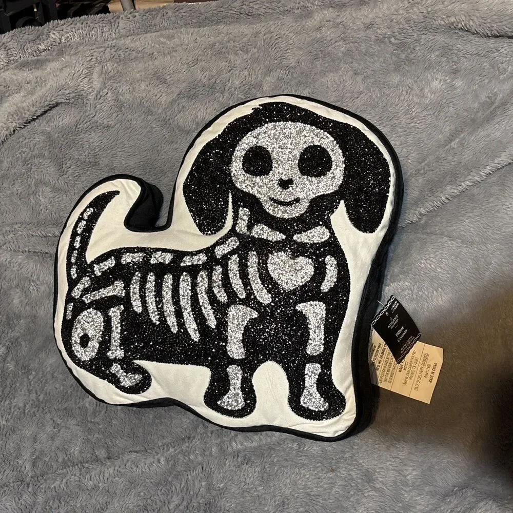 Dachshund Halloween Beaded Skeleton Pillow Dog 16.5” X 15.5” Embellished Cute